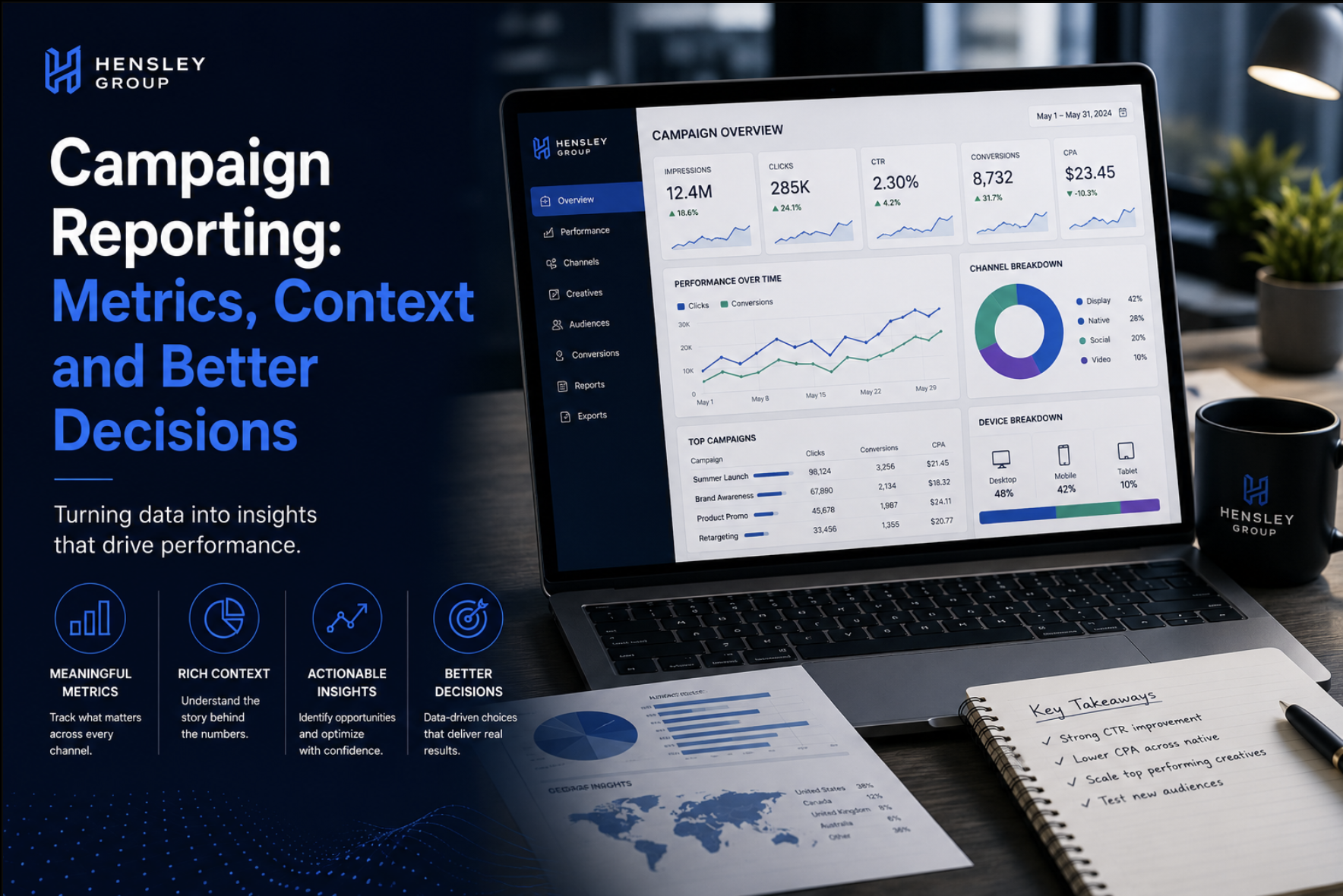 Cover artwork showing a campaign reporting workspace with charts, notes and performance context.