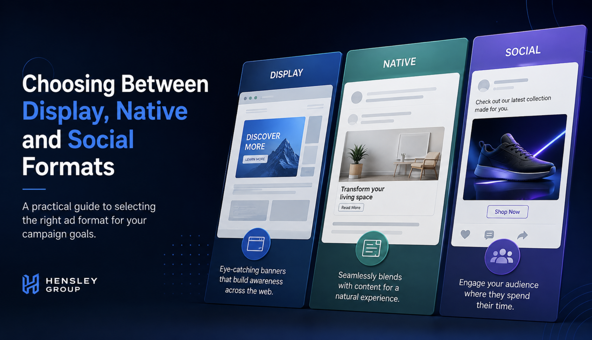 Cover artwork comparing display, native and social advertising formats as three distinct digital placement panels.