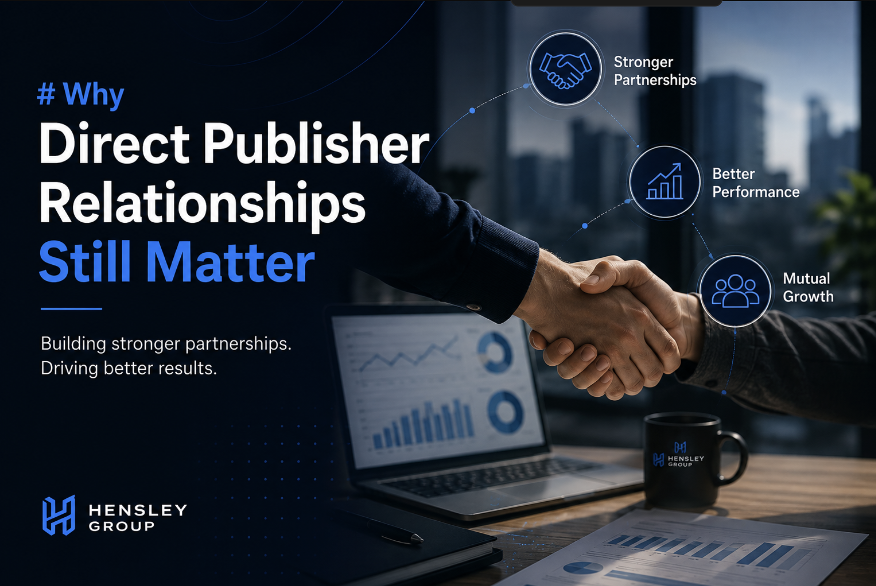 Cover artwork showing a business handshake with partnership, performance and growth signals for direct publisher relationships.