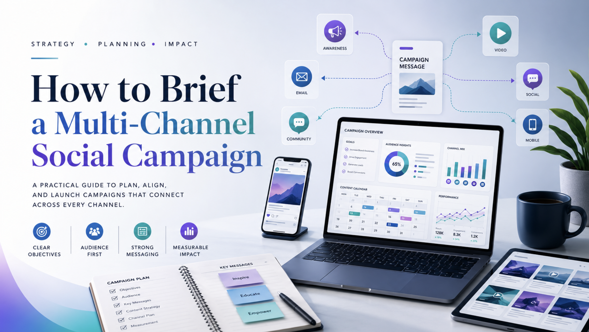 Cover artwork showing a multi-channel social campaign planning environment with campaign message, laptop, mobile and channel icons.