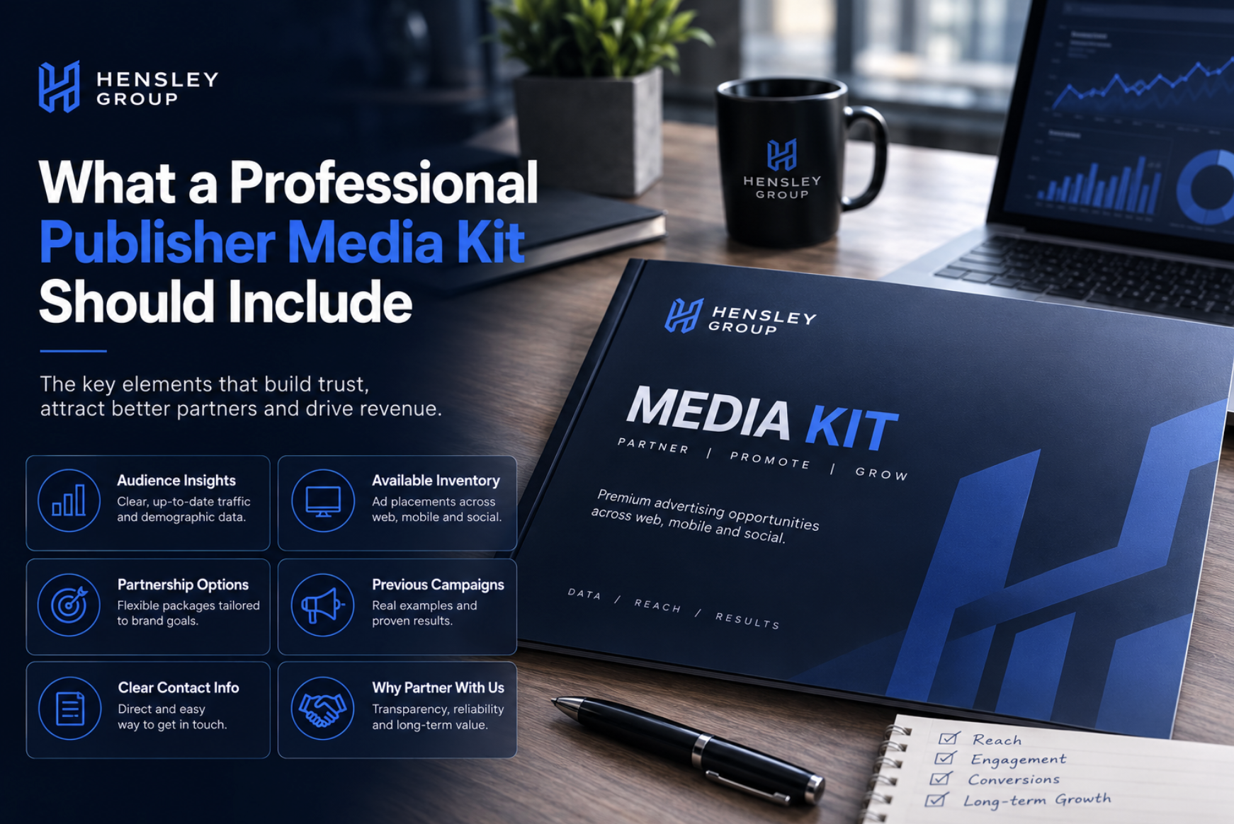 Cover artwork showing a professional publisher media kit document with audience, inventory and partnership information.