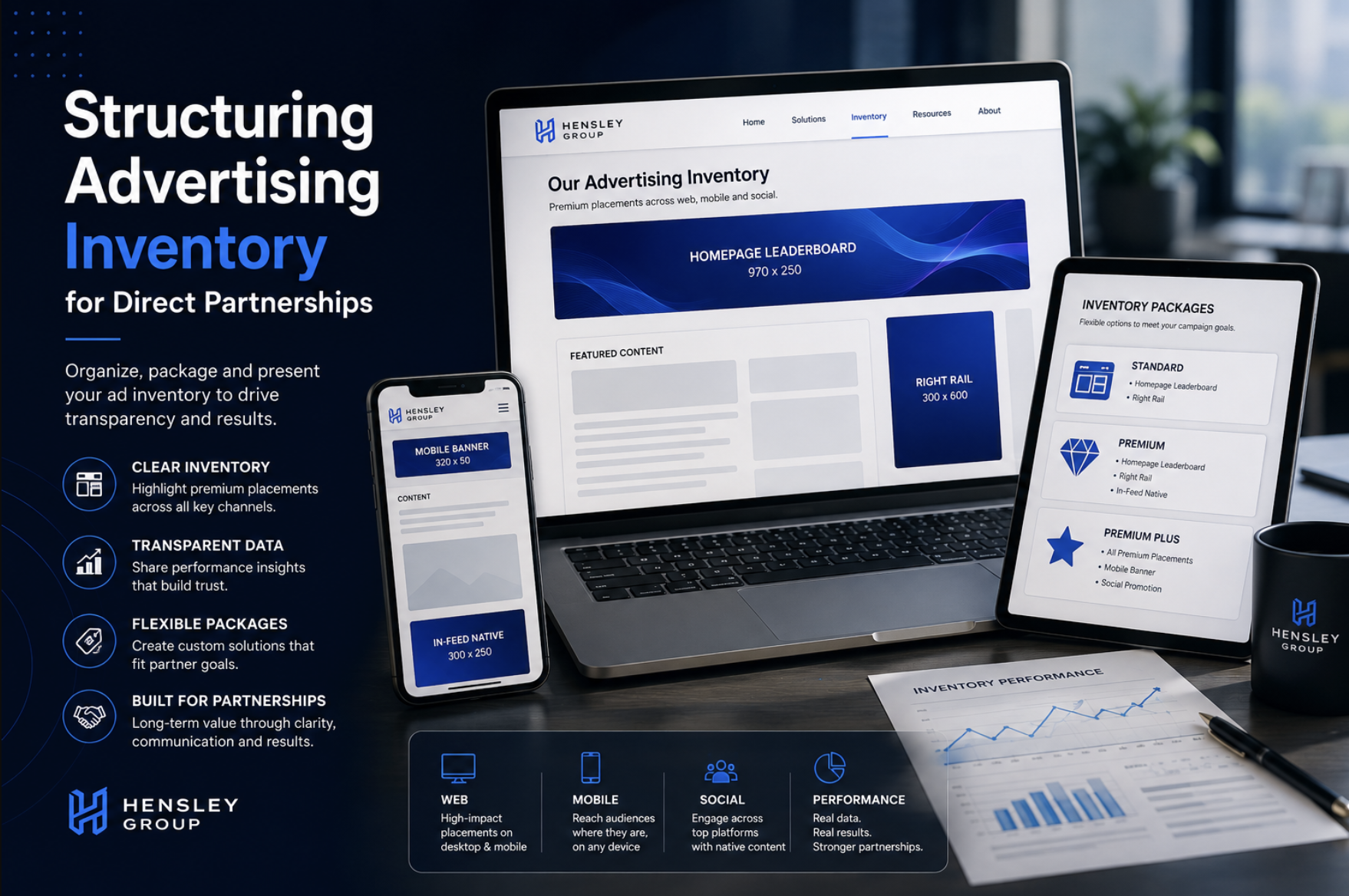 Cover artwork showing desktop, mobile and tablet advertising inventory layouts for direct media partnerships.